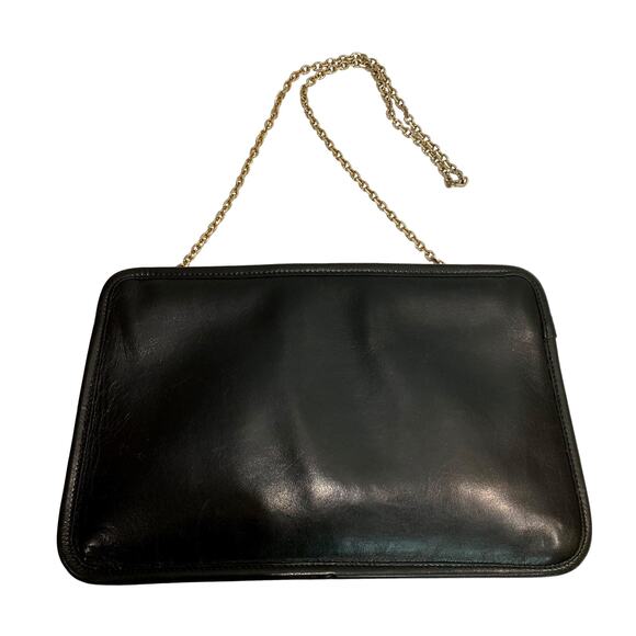 70s MOD Pierre Cardin Black Leather Shoulder Bag Gold Logo & Chain - Picture 3 of 10